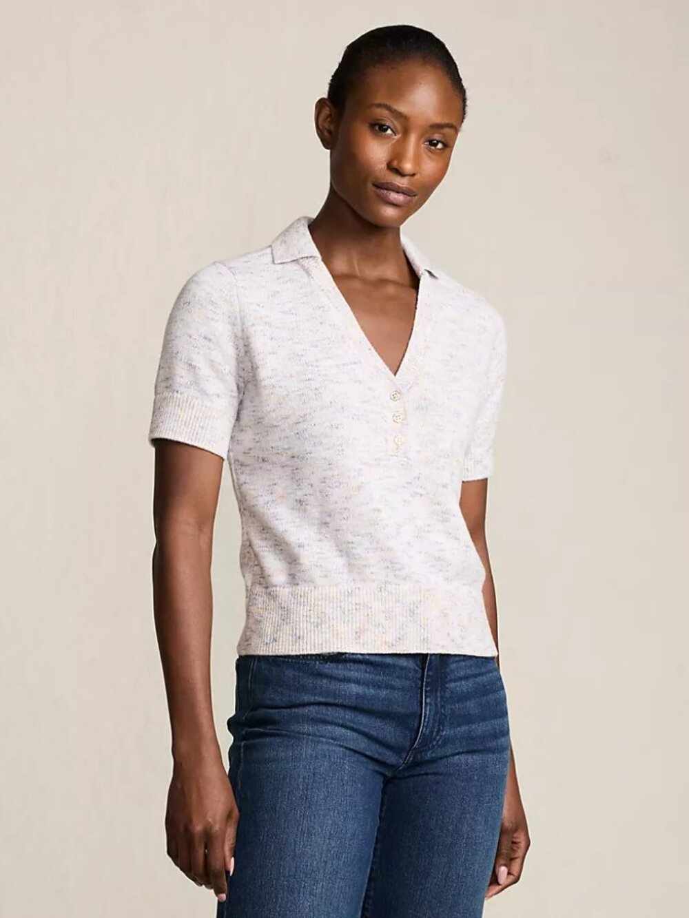 Space-Dye Lands’ End Cotton Blend Short Sleeve Polo Sweater – Size M